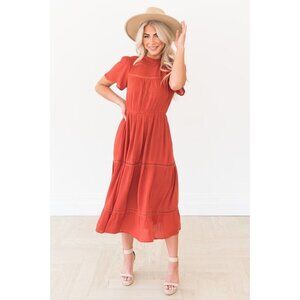 Bohme Women's Rust/Gold Geo Pattern Lace Trim Maxi Dress sz M